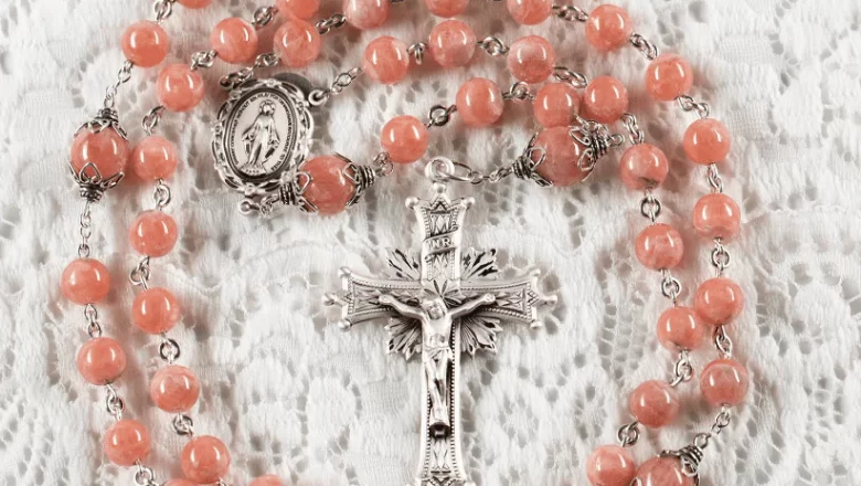  Rosary with Rhodochrosite Beads and Silver Cross ...